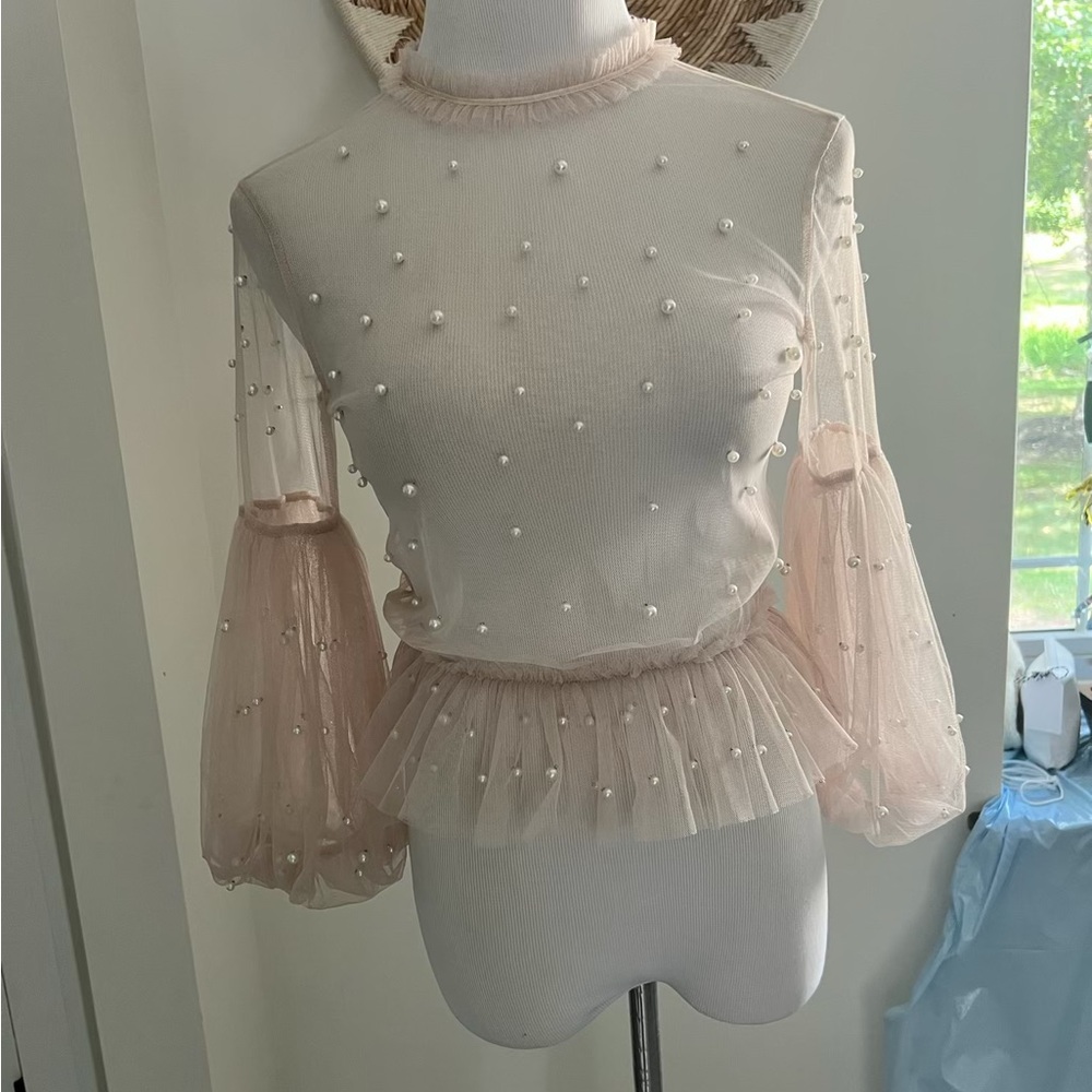 Elegant Pearl-Embellished Sheer Top - Cream